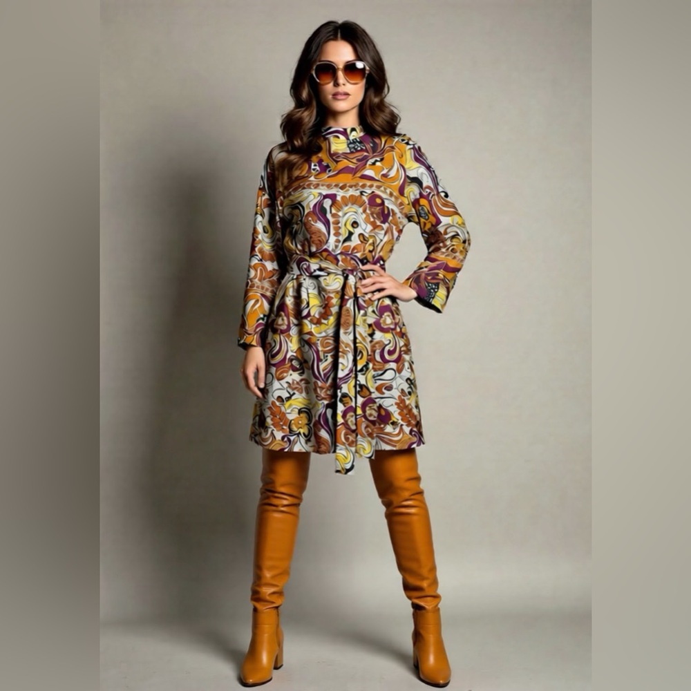 🔥PURE.FIRE🔥 60’s 70’s Retro Vintage Midi Shirt Dress S to M Bell Sleeves Zipper